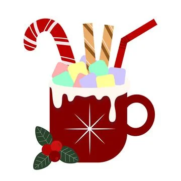 Festive winter cocoa with marshmallows, candy cane and chocolate sticks Illustrazione stock