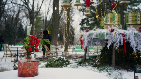 Festive winter decoration with red berries displayed on a table in an outdoor Stock Footage 329403107