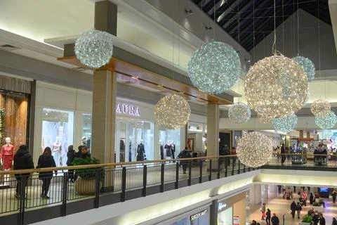 Festive winter decorations hanging inside CF Fairview mall Stock Photos