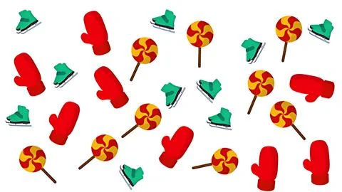 Festive winter pattern featuring lollipops red mittens and teal ice skates .. 스톡 일러스트