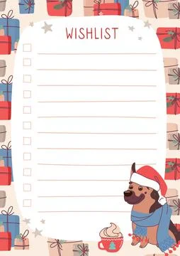 A festive winter wish list in a flat style. A funny dog in a Christmas hat and Stock-Illustration
