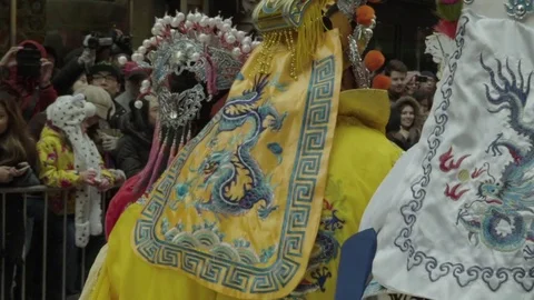 Festive women on parade float during Chinese New Year. Stock Footage 83308019