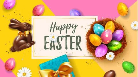 Festive yellow Happy Easter Blue horizontal web banner. Realistic 3d Spring Stock Illustration