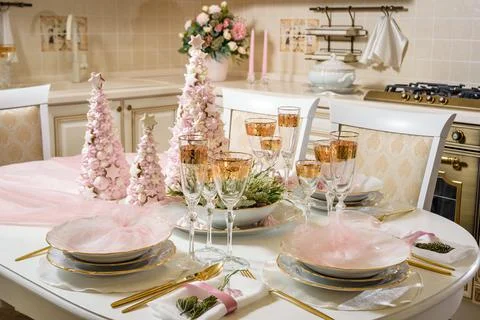 Festively served table. Decorated table for Christmas dinner. Stock Photos