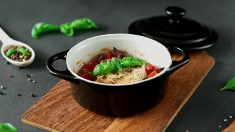 Feta cheese, Onions, cherry Tomatoes and Basil Baked in olive oil with spices Stock Footage 240944901