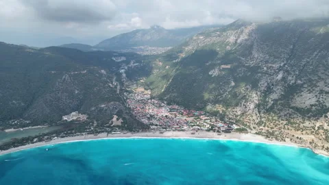 Fethiye , Blue Lagoon drone view on a cast day, Turkey, oe01 Stock Footage 296893251