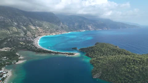 Fethiye , Blue Lagoon drone view on a cast day, Turkey, oe01 Stock Footage 296898392