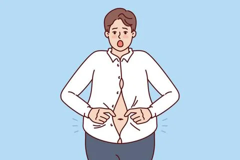 Fett Mann mit großem Bauch versucht, kleines Hemd und Aufregung beim Überg. Foto stock