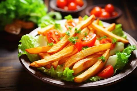 Fettige Kartoffelchips mit gesundem Salat, generiert mit KI *** bold Potat... Stock Photos