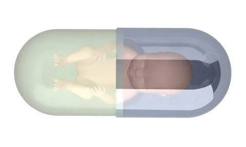 Fetus inside pill capcule 3d rendering Stock Illustration