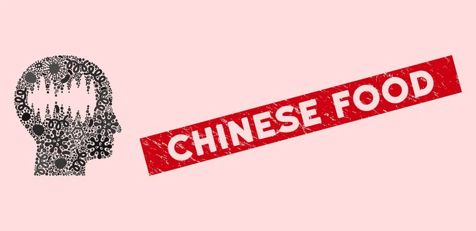 Fever Collage Brain Waves Icon with Scratched Chinese Food Seal Stock Illustration