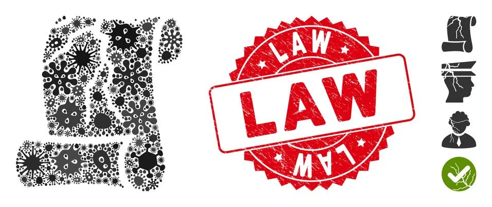Fever Collage Corrupted Law Document Icon with Textured Round Law Stamp Stock Illustration