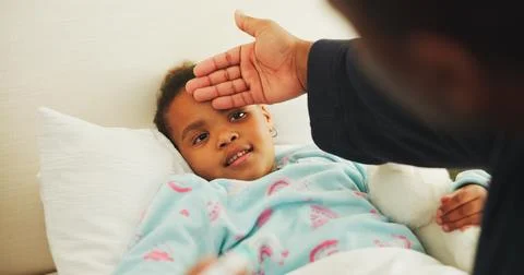 Fever, hand and parent with child in bed of family home for sick, illness a.. Stock Photos