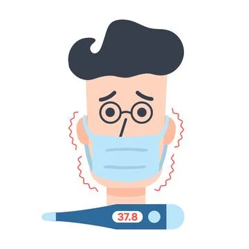 Fever Man, electric Thermometer. Chills, trembling. Sick brunette in glasses Stock Illustration