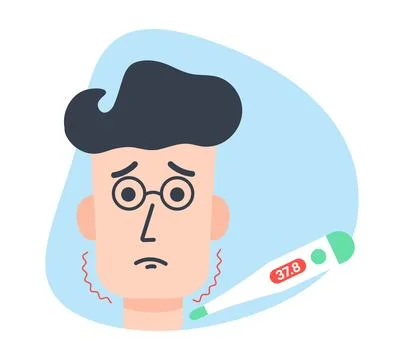 Fever in Man, electric Thermometer. Sick sad brunette in Measured Temperature Stock Illustration