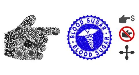 Fever Mosaic Pointer Finger Icon with Medicine Textured Blood Sugar Stamp Stock Illustration