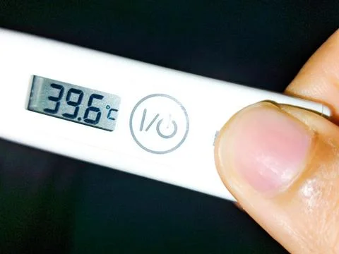 Fever thermometer reading in close-up with a blurred background. Stock Photos