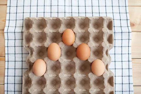 A few brown eggs among the empty cells of a large cardboard bag Stock Photos