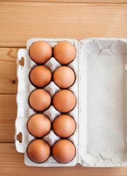 A few brown eggs among the empty cells of a large cardboard bag Stock Photos