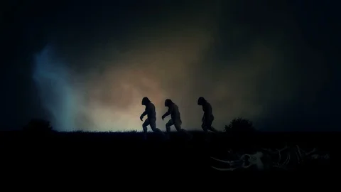 Few Cavemen Walking in Empty an Field Under a Storm Stock Footage 103598020