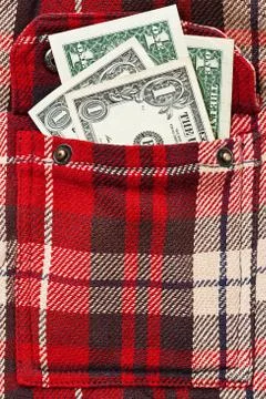 Few dollar notes in checkered shirt jacket Stock Photos