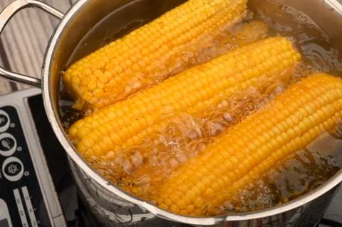 A few ears of corn are cooked in a saucepan. Healthy diet. Fitness diet. For  Stock Photos