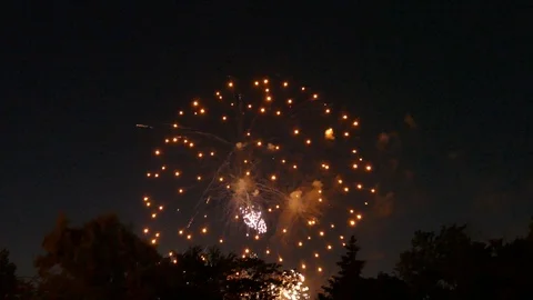 A few fireworks of different colors exploding during light show in a forest Stock Footage 101222287