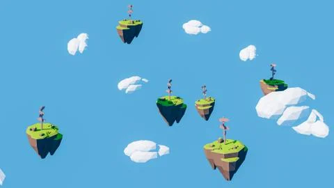 Few floating island with direction indicator made with 3d rendering 库存插图