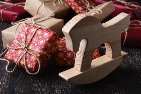 Few giftboxes on wooden table Stock Photos