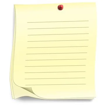Few of lined yellow sheet paper with pin on white background. Stock Illustration