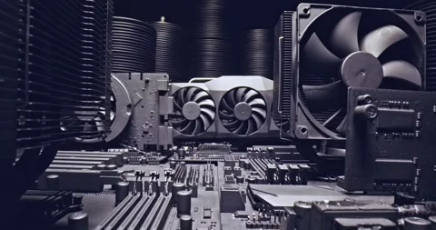 Few motherboards holding CPU, GPU and cooling fans. Stockbeeldmateriaal 333996850