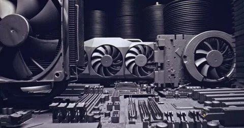 Few motherboards holding CPU, GPU and cooling fans. Stock Footage 336493897
