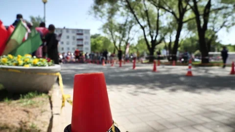 Few seconds left before start of bicycle race. Smeared background in race Vídeos de archivo 244877914