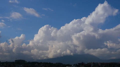 Few Small birds flying towards you from beautiful sky full of white clouds Stock Footage 258635650