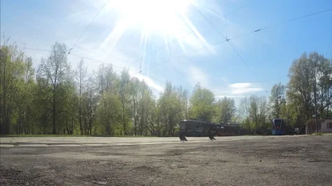 Few trams at a stop on a summer day timelapse 스톡 동영상 87230695