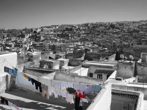 Fez medina rooftops with drying laundry selective color Foto stock