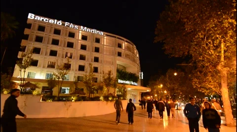 Fez Morocco night exposure of Barcelo Hotel on Main Street of city Видео 47341888