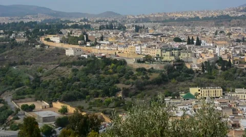 Fez Morocco panoramic view of crowded city and old town medina with walls from Видео 47341885