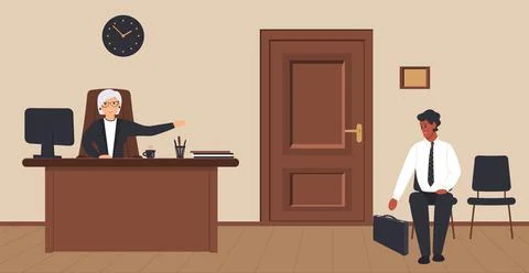 Ffice corridor on a cream background: reception with elderly secretary Stock Illustration