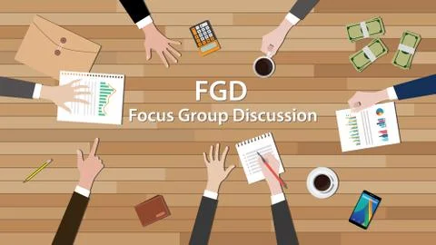 Fgd focus group discussion team work together on wood table Stock Illustration