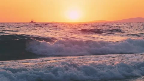 FHD 220908 Tripod Sunset CrashingWave ShipOnHorizon 0001 4322 Stock Footage 304922635