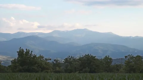 FHD Shot of park trees and beautiful mountains with blue sky in background Stock Footage 235024229