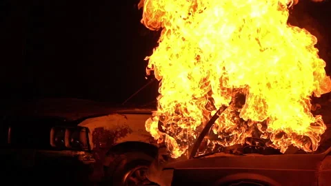 FHD Slow motion Fire flames from car accident of traffic collision in highway Stock Footage 144622450