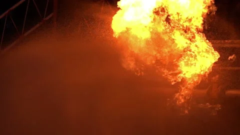 FHD Slow motion Water spraying from fireman to fight with Explode of oil pipe Stock Footage