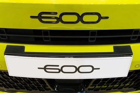 Fiat 600e EV front logo badge and nameplate close-up at ECAR Show 2026 Stock Photos
