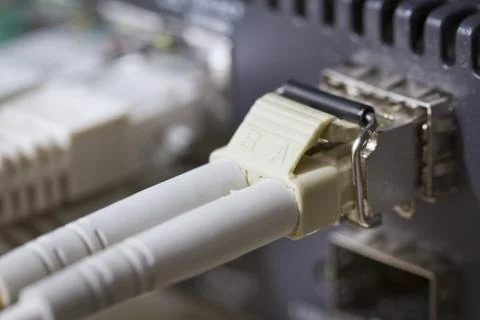 Fiber cable in network switch Stock Photos