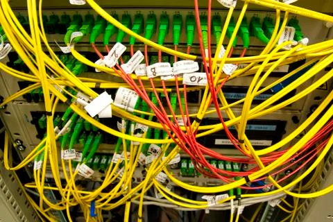Fiber cables connected to servers Stock Photos