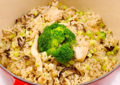 Fiber live mushroom risotto with fried rice and broccoli Stock Photos