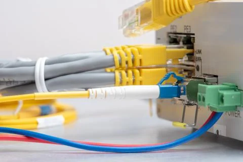 Fiber optic cable and network ethernet patch cord connect to the switch Foto stock