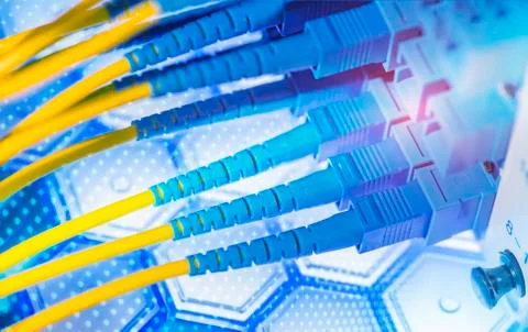 Fiber optic cable connect to communication Distribution point Stock Photos